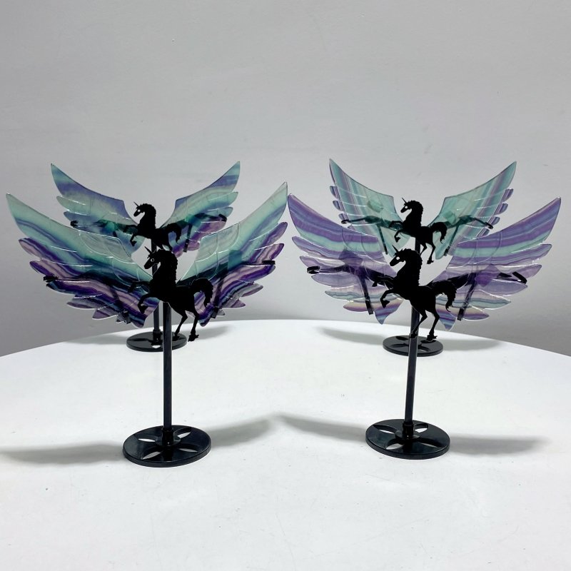 4 Pairs Beautiful Rainbow Fluorite Pegasus Wing Crystal Carving With Stand - Wholesale Crystals