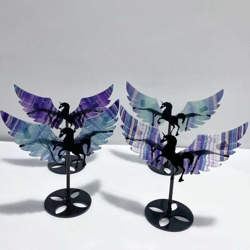 4 Pairs Beautiful Rainbow Fluorite Pegasus Wing Crystal Carving With Stand - Wholesale Crystals