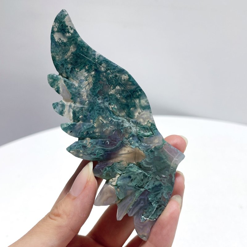 4 Pairs Moss Agate Angel Wing Carving With Stand - Wholesale Crystals