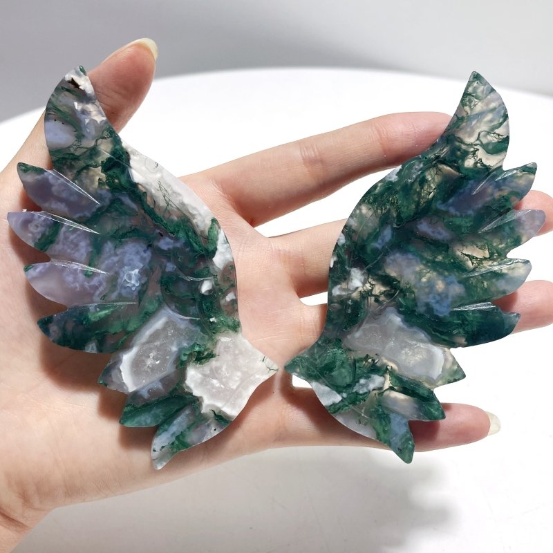 4 Pairs Moss Agate Angel Wing Carving With Stand - Wholesale Crystals