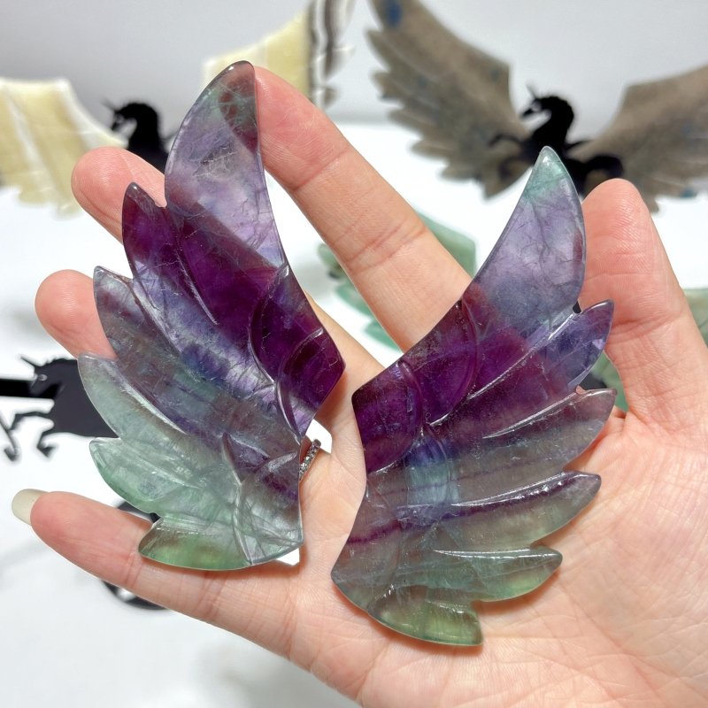 4 Pairs Pegasus Wing Crystal Carving With Stand Trolleite Amazonite Yellow Calcite Fluorite - Wholesale Crystals