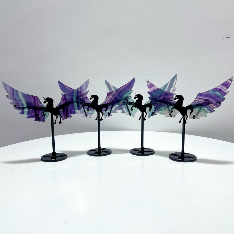 4 Pairs Rainbow Fluorite Pegasus Wing Crystal Carving With Stand - Wholesale Crystals