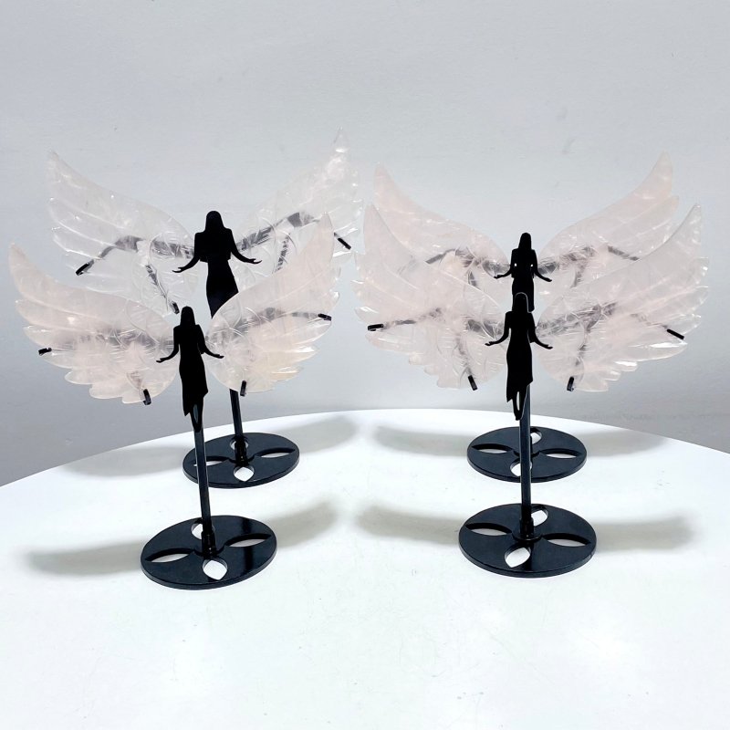 4 Pairs Rose Quartz Angel Wing Carving With Stand - Wholesale Crystals