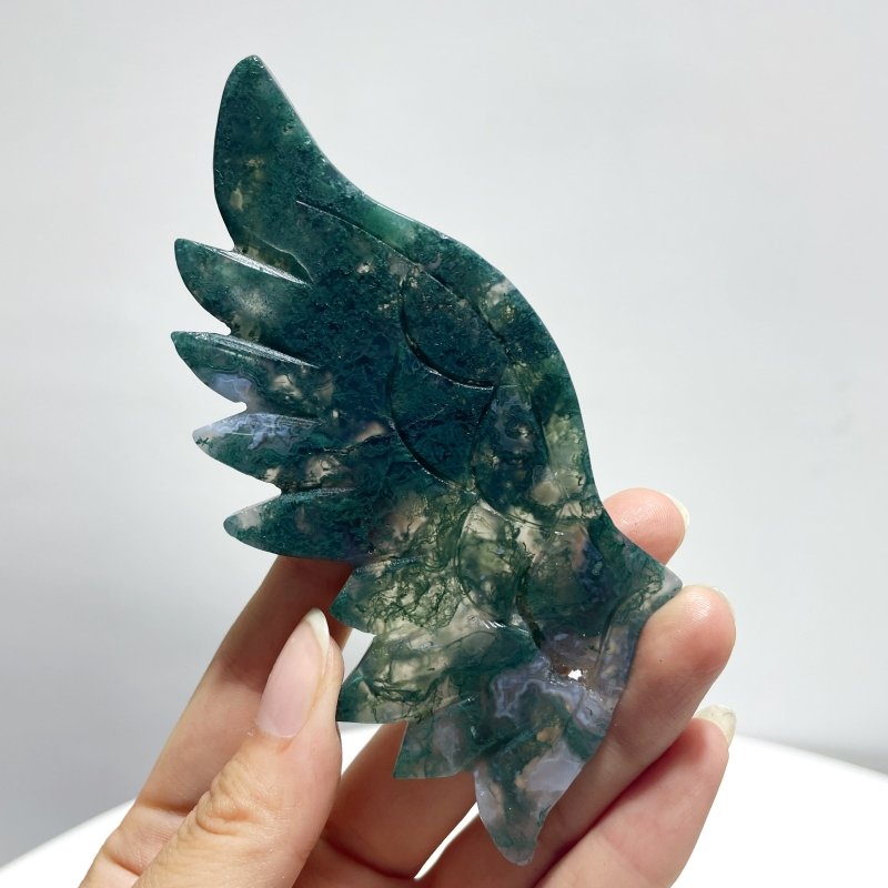 4 Pairs Small Moss Agate Angel Wing Carving With Stand - Wholesale Crystals