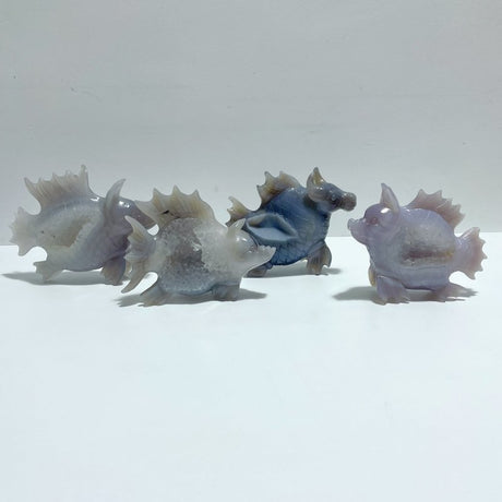 4 Pieces Geode Druzy Agate Fish with Pig&Calf Head Carving - Wholesale Crystals