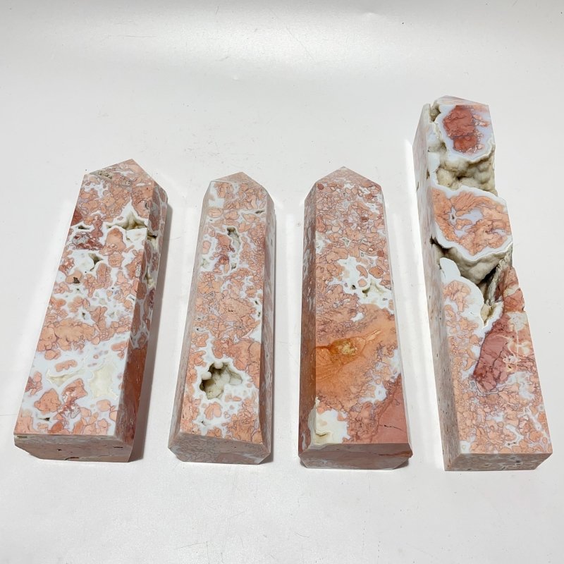 4 Pieces High Quality Druzy Geode Pink Flower Agate Four - sided Tower 8 - 11in - Wholesale Crystals