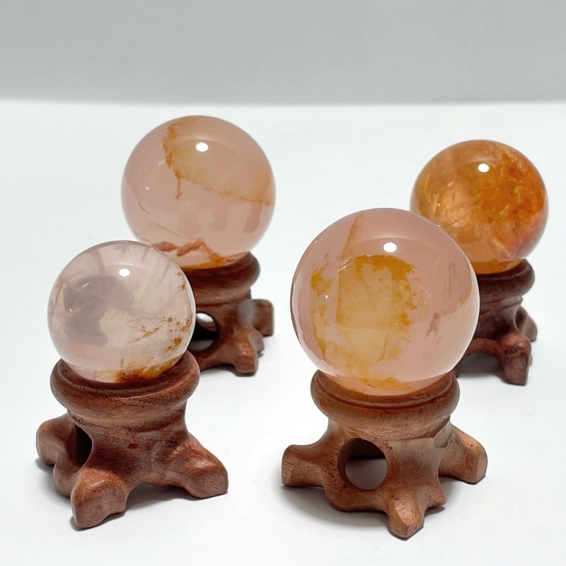 4 Pieces Six Star Line Rose Quartz Rabbit Hair Rutile Spheres(Crack) - Wholesale Crystals