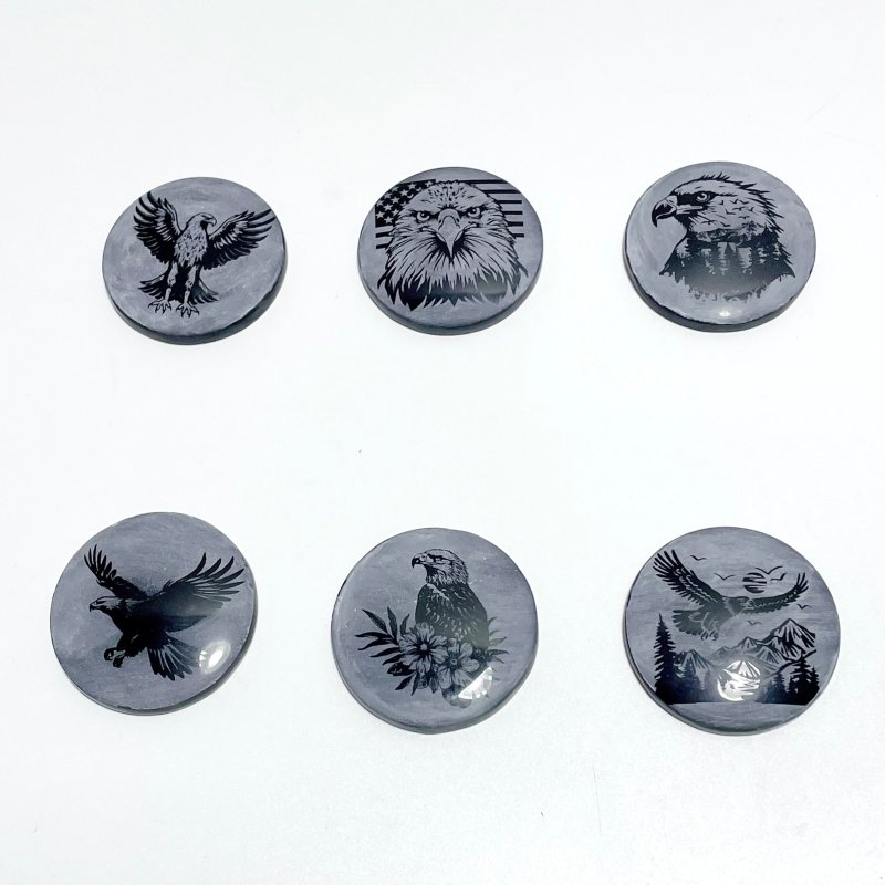 4cm Black Obsidian Clear Quartz Engraved Eagle Round Slices DIY Wholesale - Wholesale Crystals