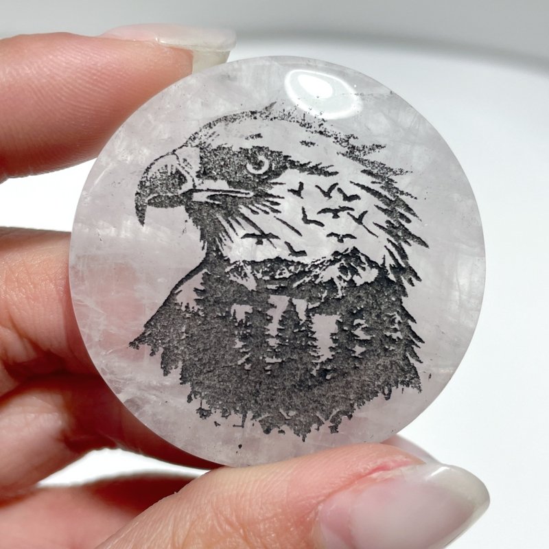 4cm Black Obsidian Clear Quartz Engraved Eagle Round Slices DIY Wholesale - Wholesale Crystals