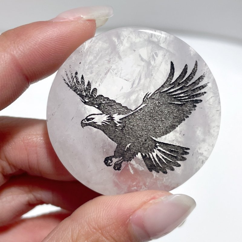 4cm Black Obsidian Clear Quartz Engraved Eagle Round Slices DIY Wholesale - Wholesale Crystals