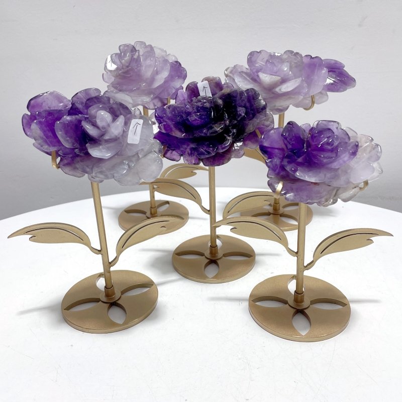 5 Pairs Amethyst Flower Carving With Stand - Wholesale Crystals