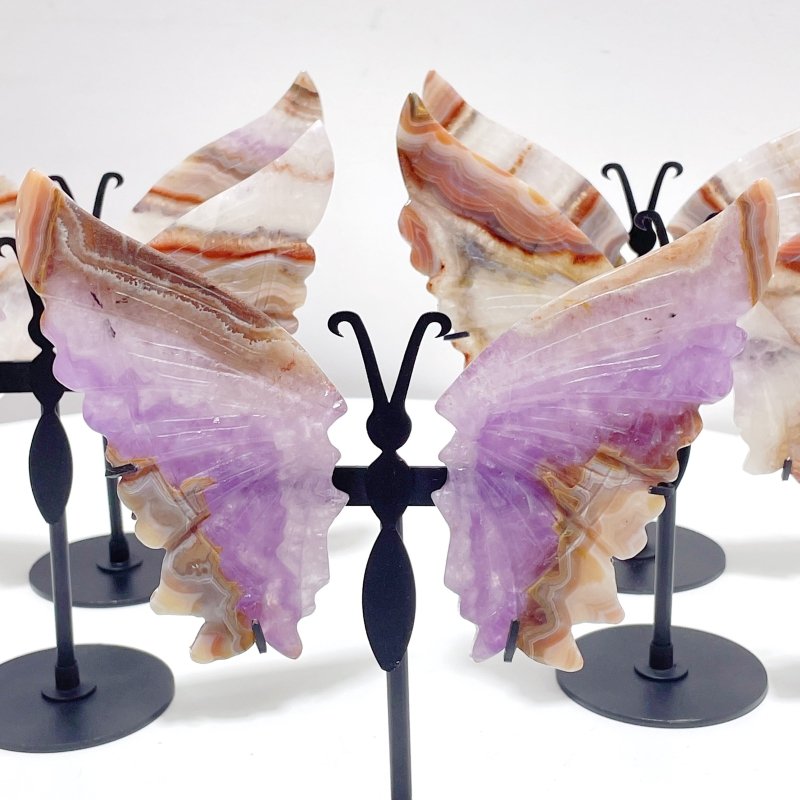 5 Pairs Amethyst Mixed Stripe Agate Butterfly Wing Carving With Stand - Wholesale Crystals