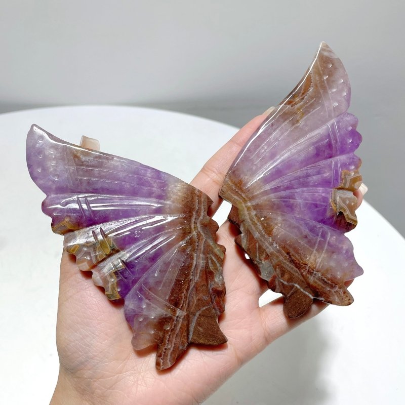 5 Pairs Amethyst Mixed Stripe Agate Butterfly Wing Carving With Stand - Wholesale Crystals