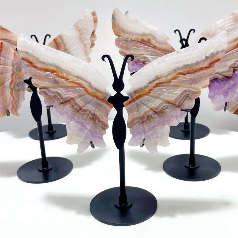 5 Pairs Amethyst Mixed Stripe Agate Butterfly Wing Carving With Stand - Wholesale Crystals