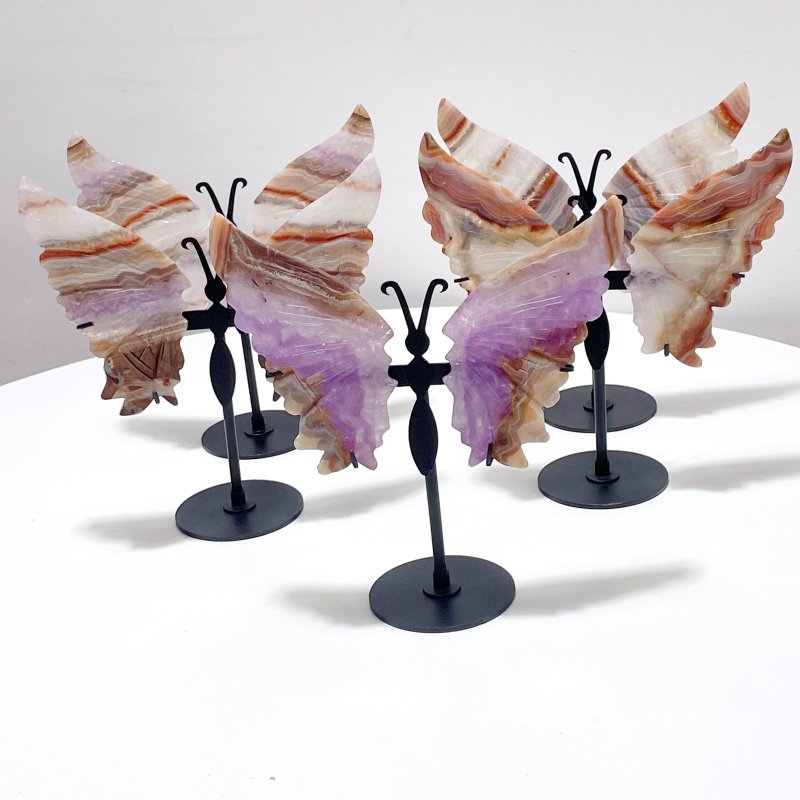 5 Pairs Amethyst Mixed Stripe Agate Butterfly Wing Carving With Stand - Wholesale Crystals