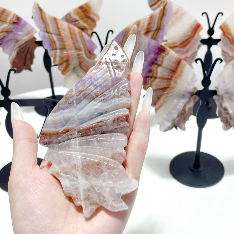 5 Pairs Beautiful Amethyst Mixed Stripe Agate Butterfly Wing Carving With Stand - Wholesale Crystals