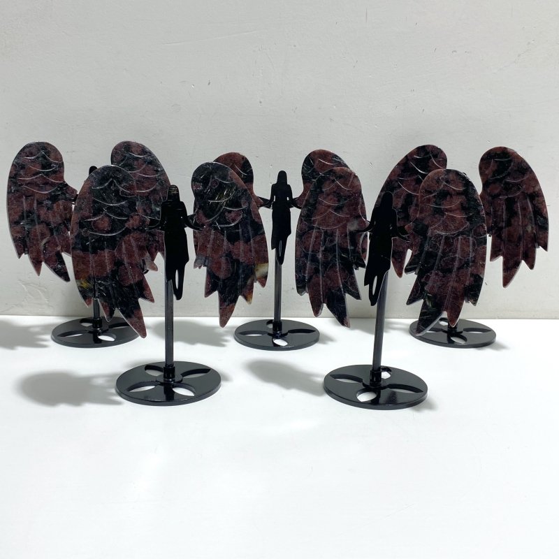 5 Pairs Garnet Mixed Astrophyllite Angel Wing Carving With Stand -Wholesale Crystals