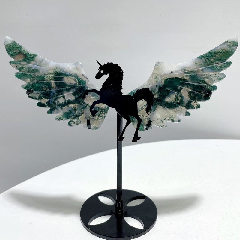 5 Pairs Moss Agate Pegasus Wing Carving With Stand - Wholesale Crystals