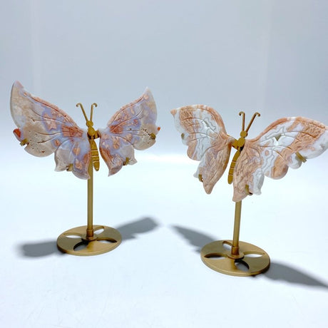 5 Pairs Pink Agate Butterfly Wing Carving With Stand - Wholesale Crystals