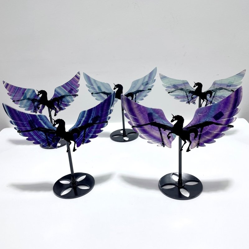 5 Pairs Rainbow Fluorite Pegasus Wing Crystal Carving With Stand - Wholesale Crystals