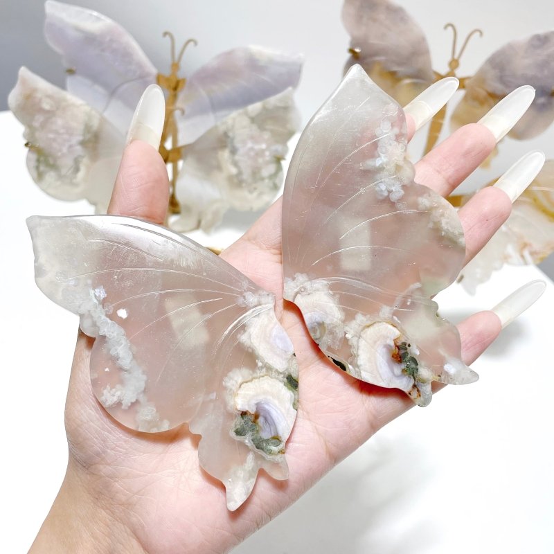 5 Pairs Sakura Flower Agate Butterfly Wing Carving With Stand - Wholesale Crystals