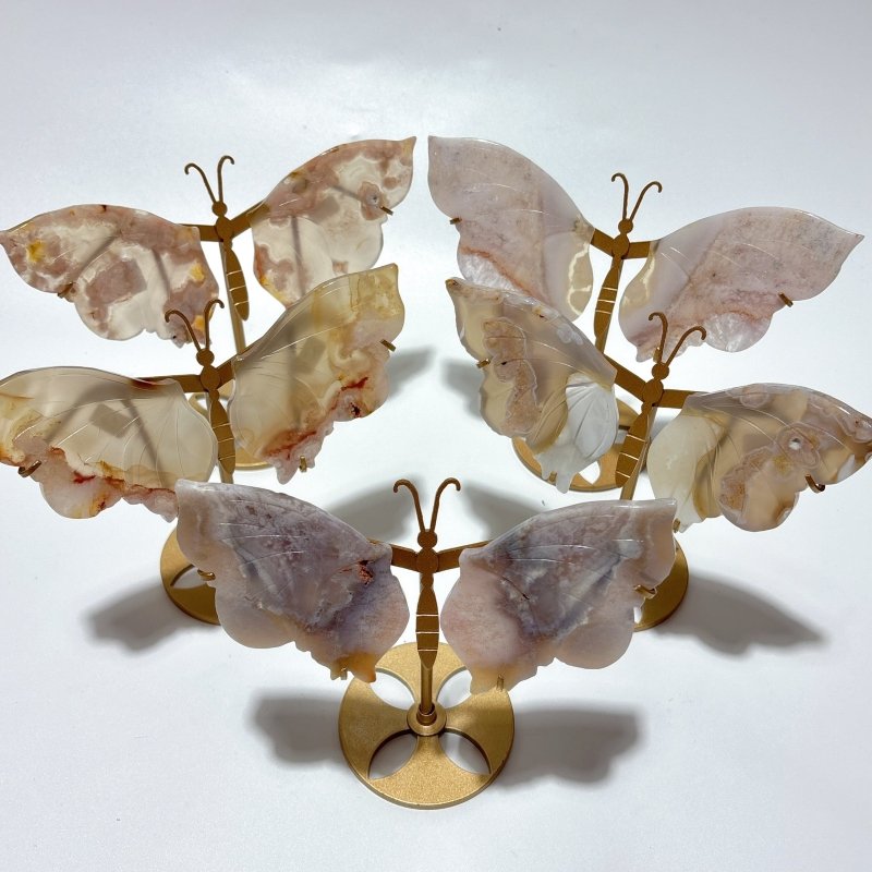 5 Pairs Sakura Flower Agate Butterfly Wing Carving With Stand -Wholesale Crystals