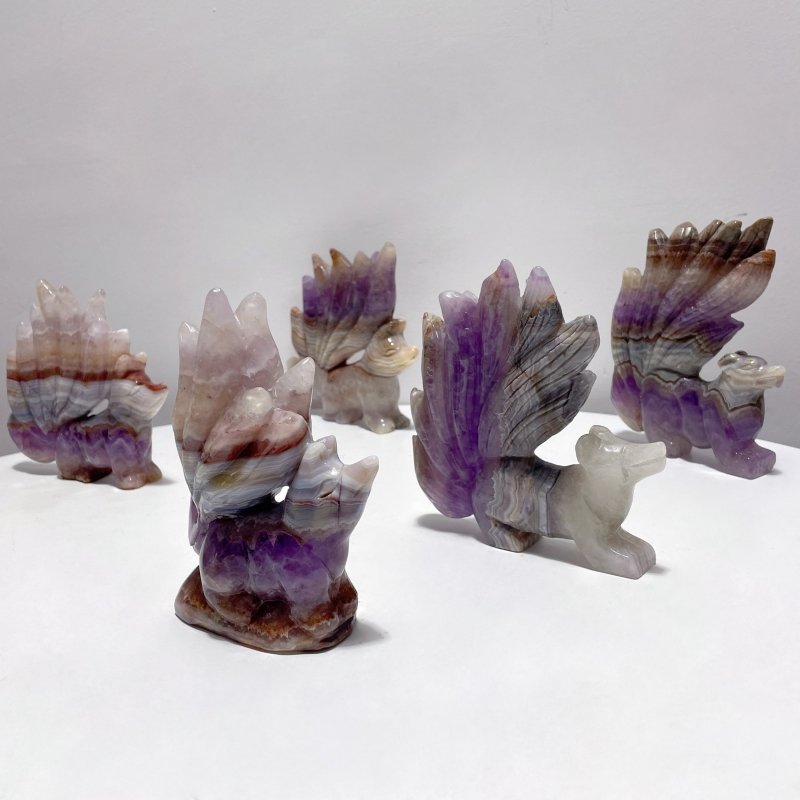 5 Pieces Amethyst Mixed Agate Nine - tailed Fox Carving - Wholesale Crystals