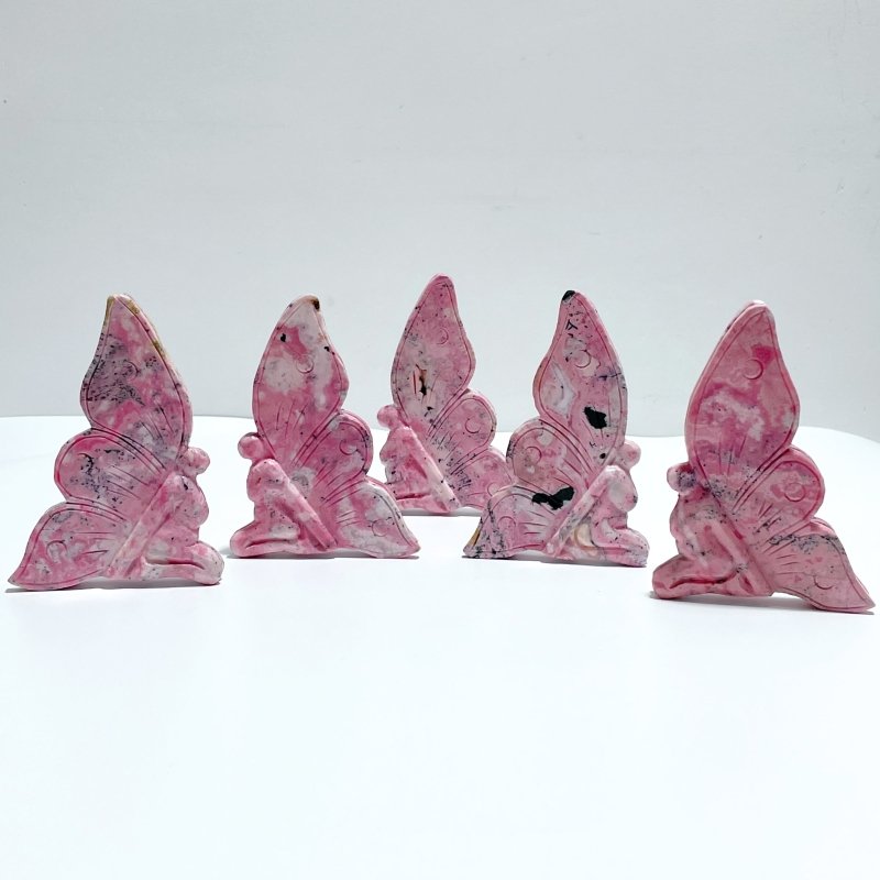 5 Pieces Beautiful Rhodochrosite Butterfly Fairy Carving - Wholesale Crystals