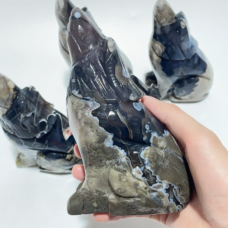 5 Pieces Large Volcanic Agate Wolf Carving(UV - Reactive) - Wholesale Crystals