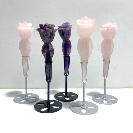 5 Pieces Rose Quartz Chevron Amethyst Flower Carving With Stand - Wholesale Crystals