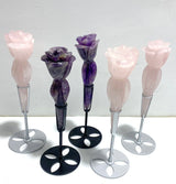 5 Pieces Rose Quartz Chevron Amethyst Flower Carving With Stand - Wholesale Crystals