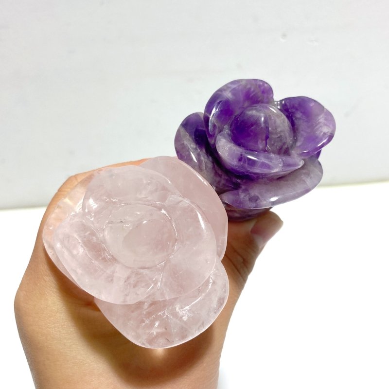 5 Pieces Rose Quartz Chevron Amethyst Flower Carving With Stand - Wholesale Crystals