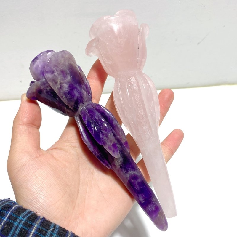 5 Pieces Rose Quartz Chevron Amethyst Flower Carving With Stand - Wholesale Crystals