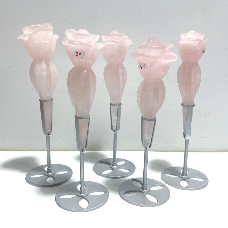 5 Pieces Rose Quartz Flower Carving With Stand - Wholesale Crystals