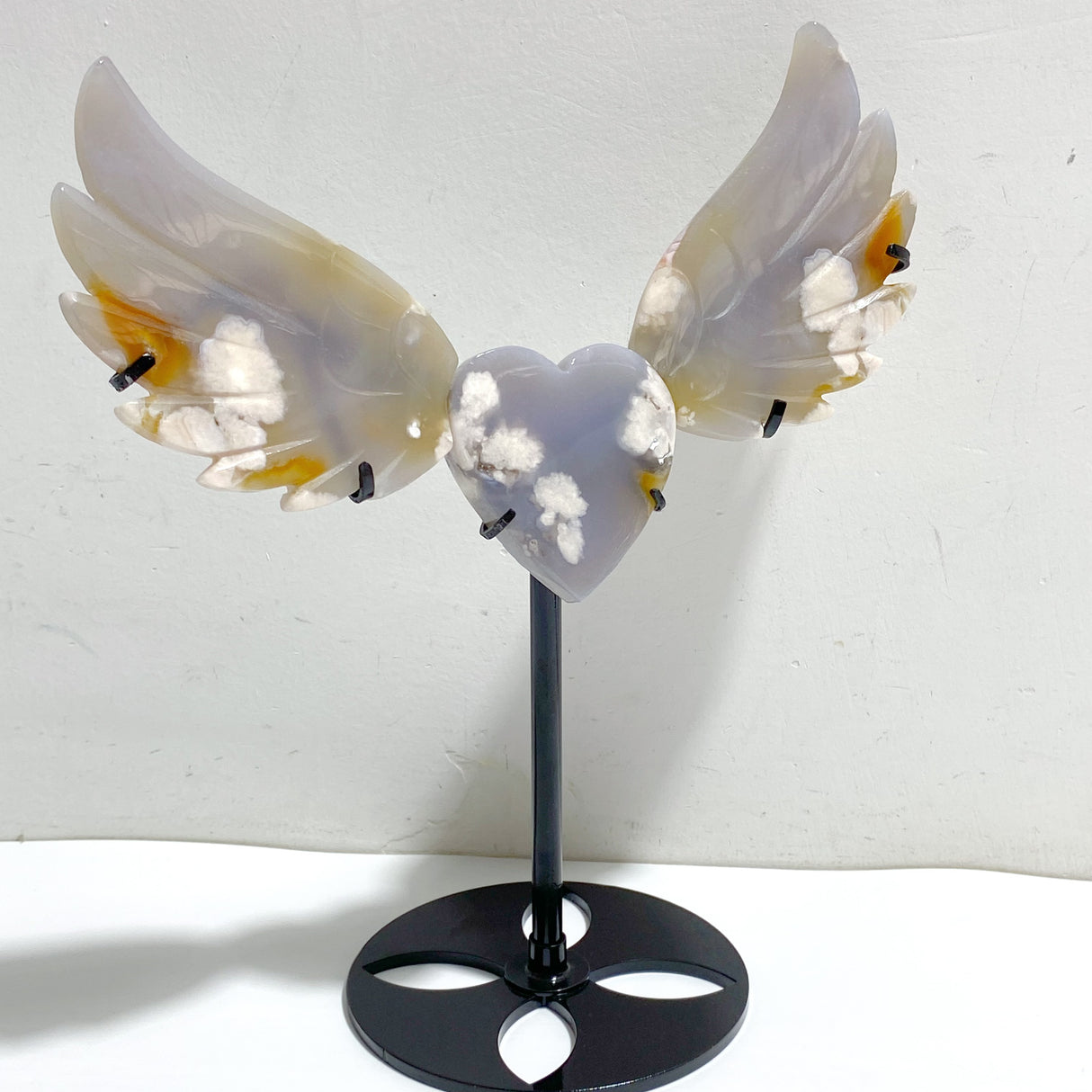 2 Pairs Sakura Flower Agate Heart Wing Carving With Stand