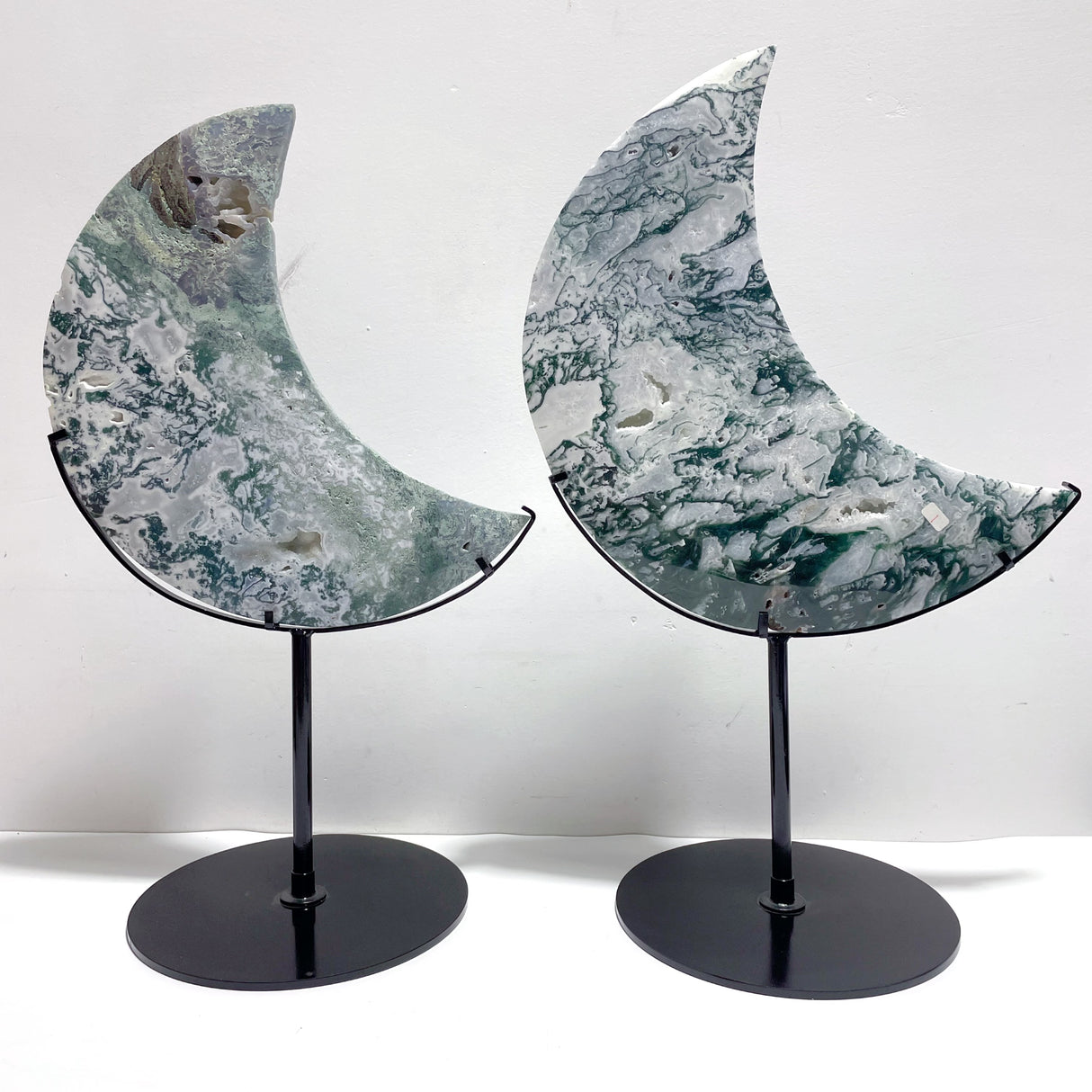 2 Pieces Large Moss Agate Moon With Stand Home Decor