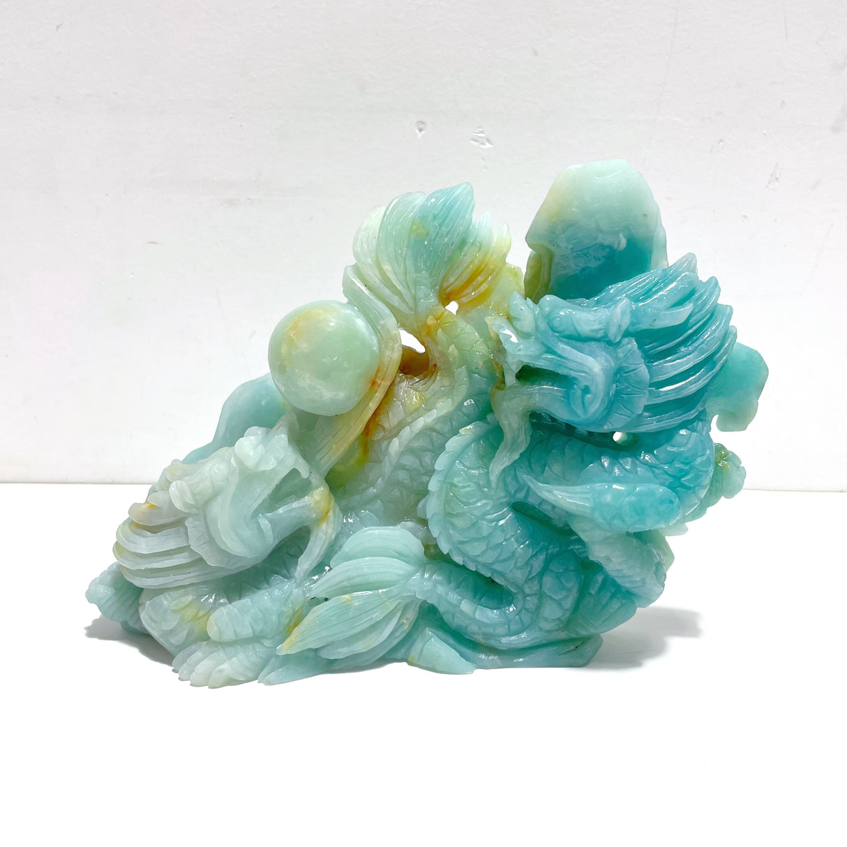 Beautiful Caribbean Calcite Two Dragons Playing with a Pearl Carving