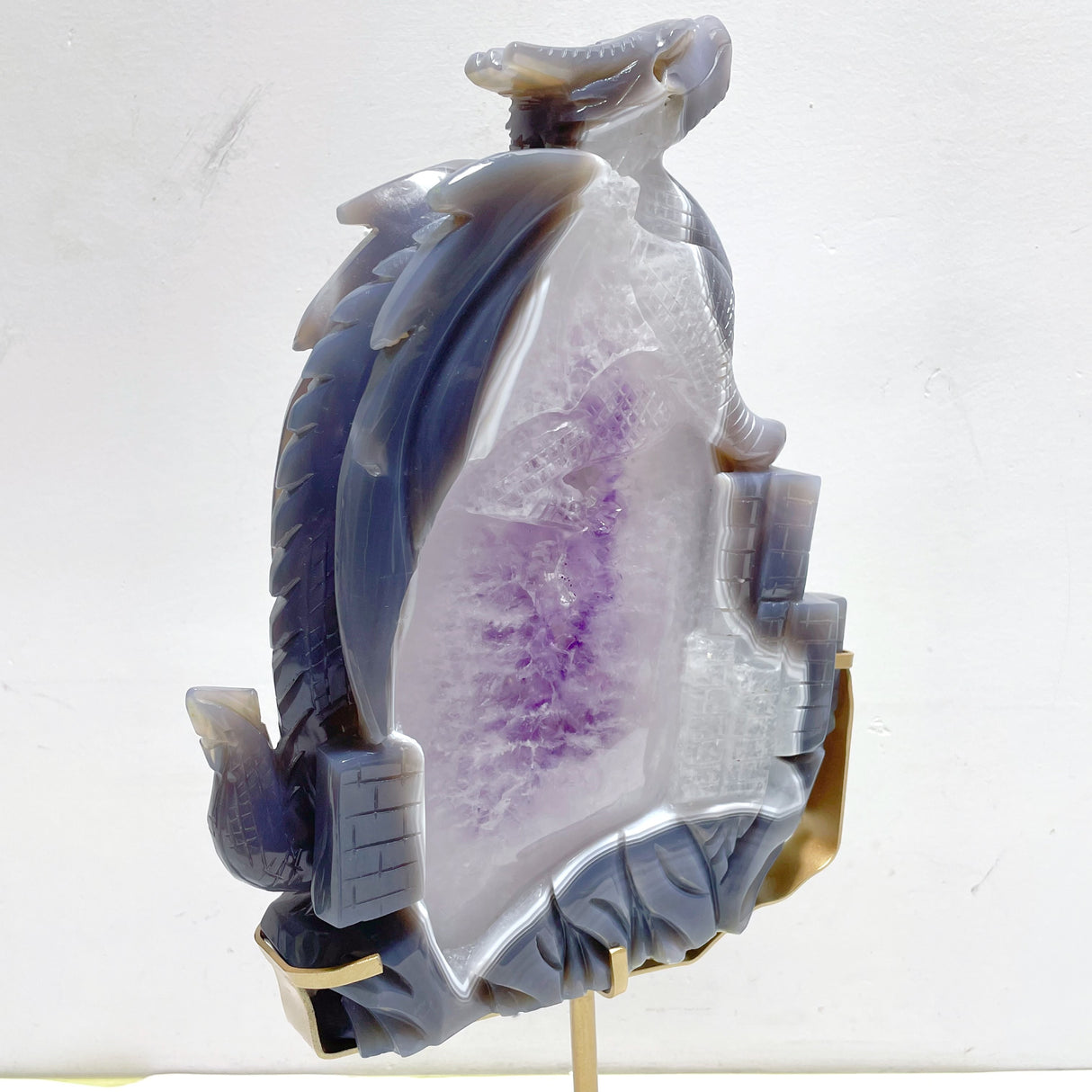 Beautiful Large Amethyst Mixed Geode Agate Flying Dragon Castle Carving With Stand