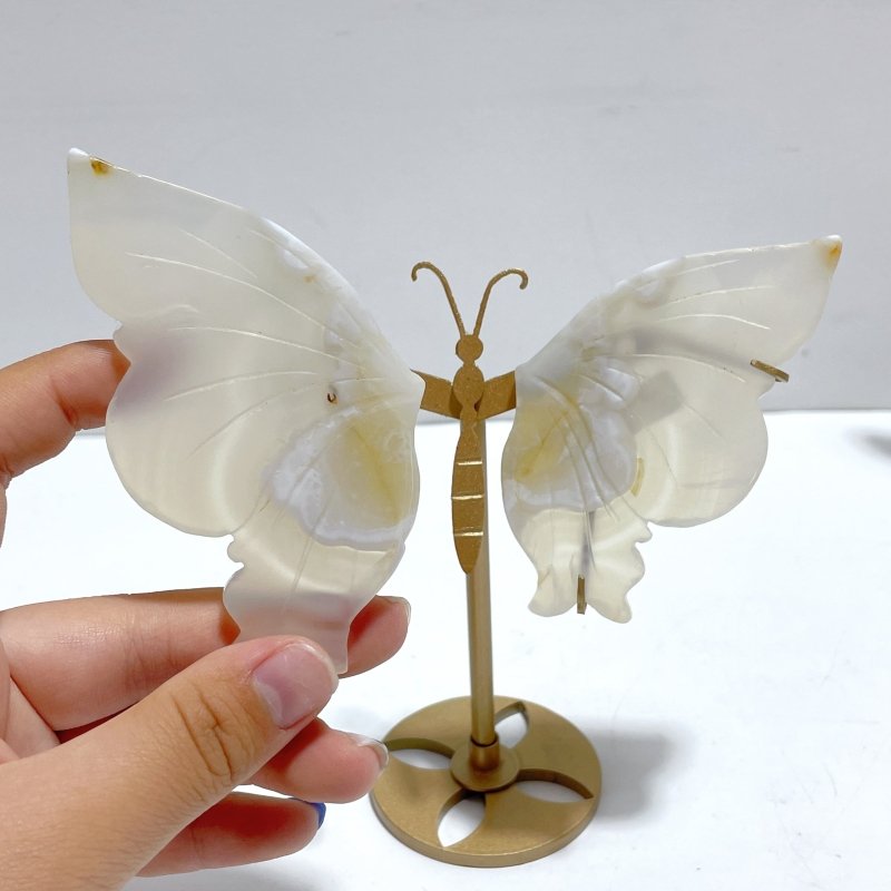 6 Pairs Beautiful Sakura Flower Agate Butterfly Wing Carving With Stand - Wholesale Crystals