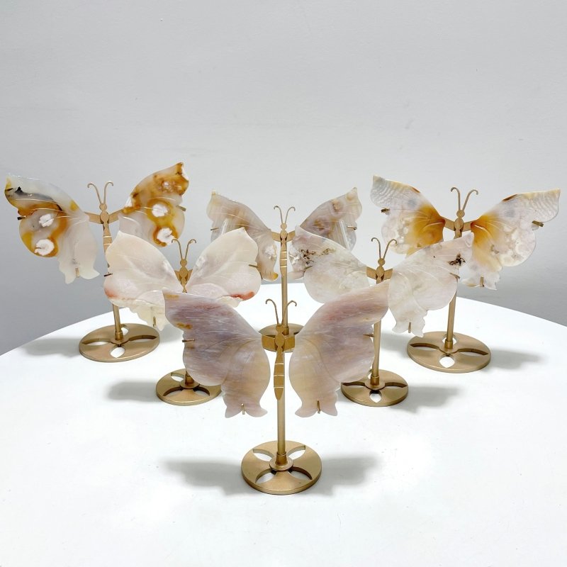 6 Pairs Beautiful Sakura Flower Agate Butterfly Wing Carving With Stand - Wholesale Crystals