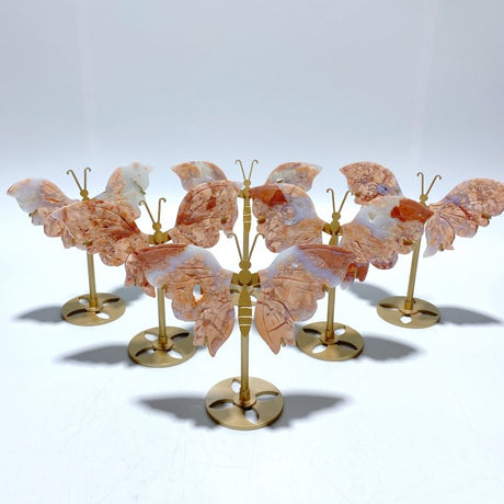 6 Pairs Pink Agate Butterfly Wing Carving With Stand - Wholesale Crystals