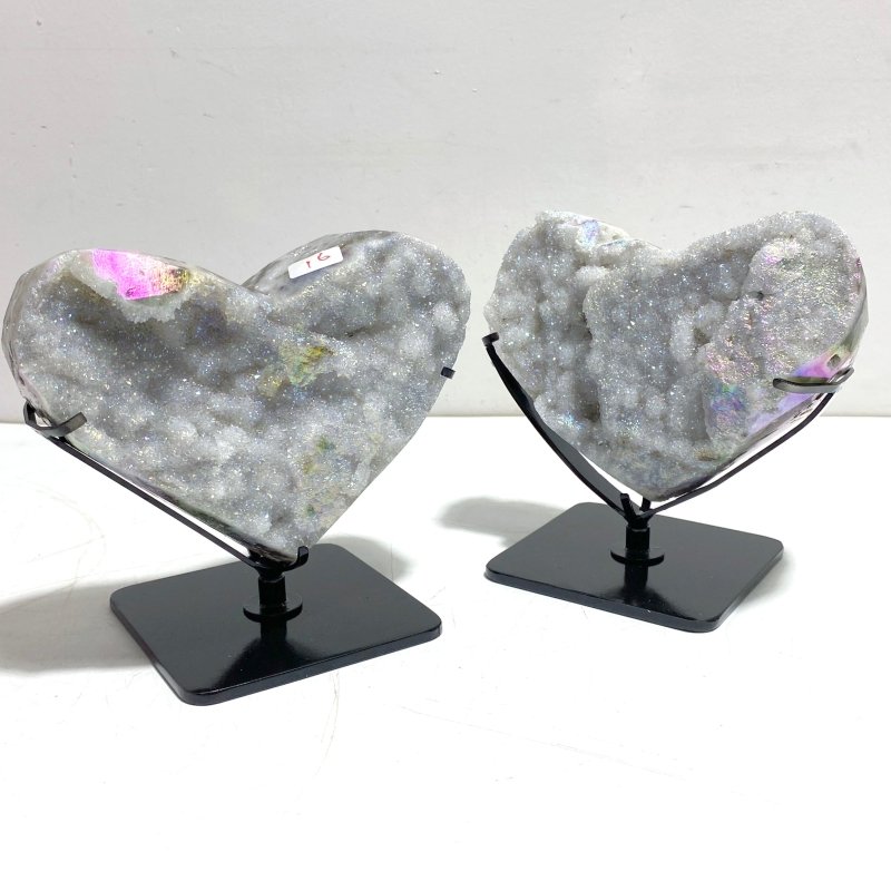 6 Pieces Aura Quartz Cluster Heart With Stand 1 - Wholesale Crystals