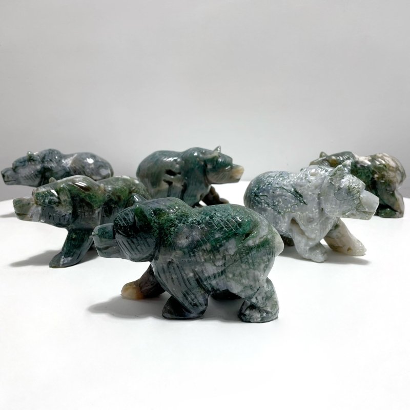 6 Pieces Beautiful Moss Agate Bear Carving - Wholesale Crystals