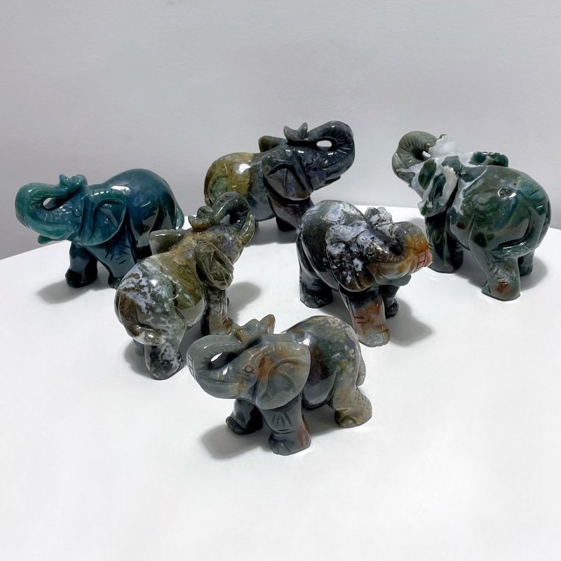 6 Pieces Beautiful Moss Agate Elephant Carving - Wholesale Crystals