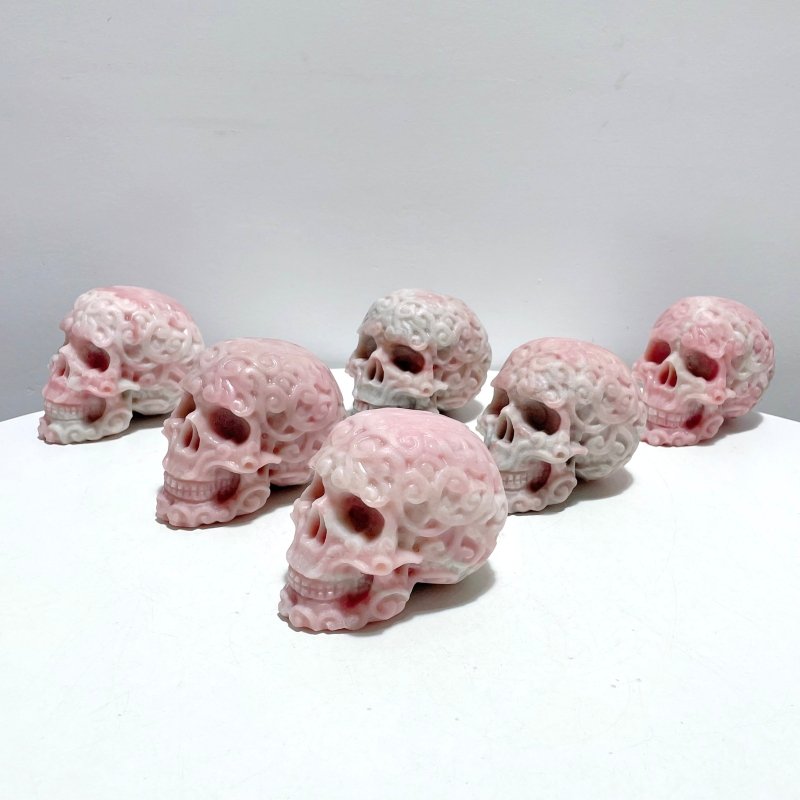 6 Pieces Beautiful Pink Opal Skull Carving - Wholesale Crystals