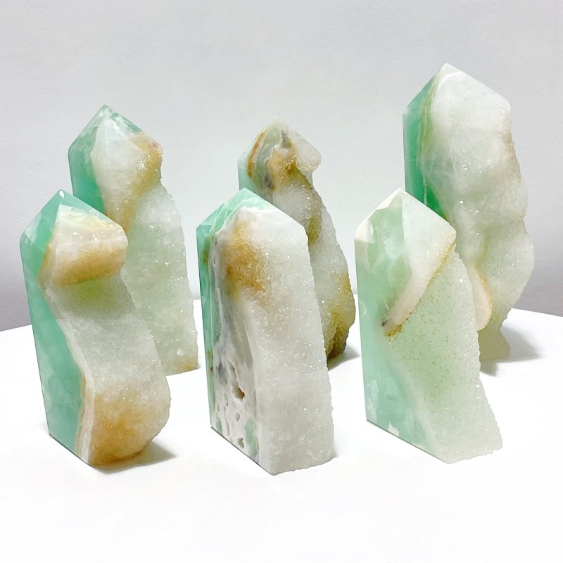 6 Pieces Large Green Fluorite Druzy Geode Tower Points - Wholesale Crystals