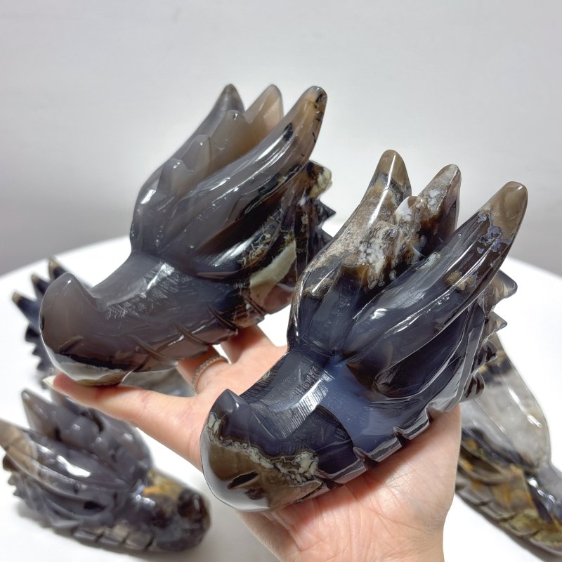 6 Pieces Large Volcanic Agate Dragon Head Carving(UV - Reactive) - Wholesale Crystals