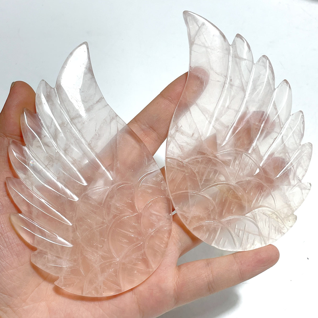 4 Pairs Rose Quartz Angel Wing Carving With Stand