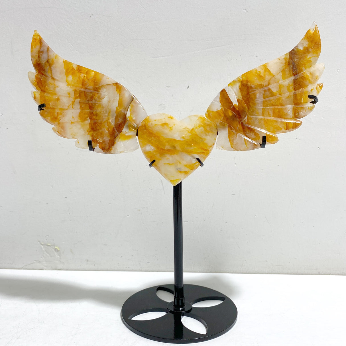 Golden Hematoid Quartz Fire Quartz Heart Wing Carving With Stand