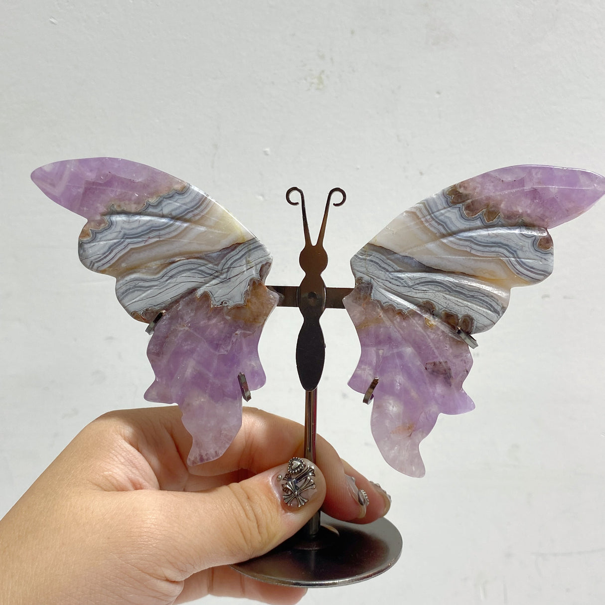 Amethyst Mixed Stripe Agate Butterfly Wing Carving With Stand Wholesale